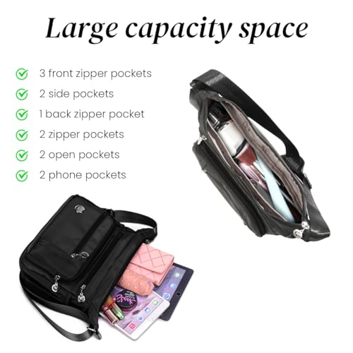 PALAY® Women Shoulder Bag Crossbody Nylon Waterproof Multi-pocket Sling with Adjustable Strap Fashion Satchel Handbag Black 2 PCS PALAY® Women Shoulder Bag Crossbody Nylon Waterproof Multi-pocket Sling with Adjustable Strap Fashion Satchel Handbag Black 2 PCS